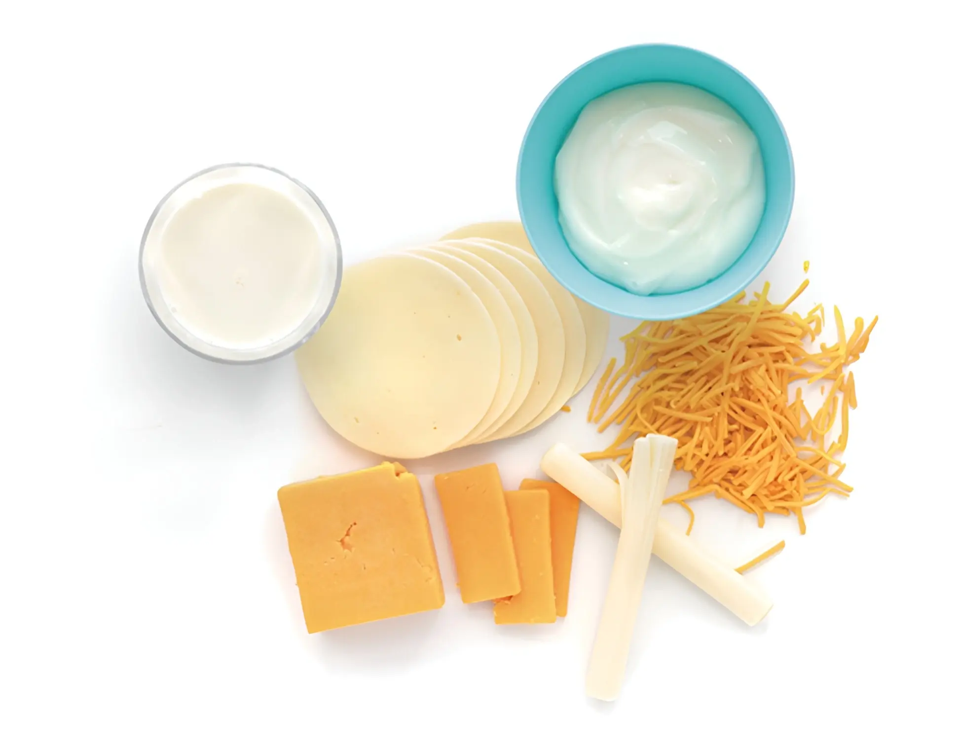 Assorted dairy foods including cheese and yogurt
