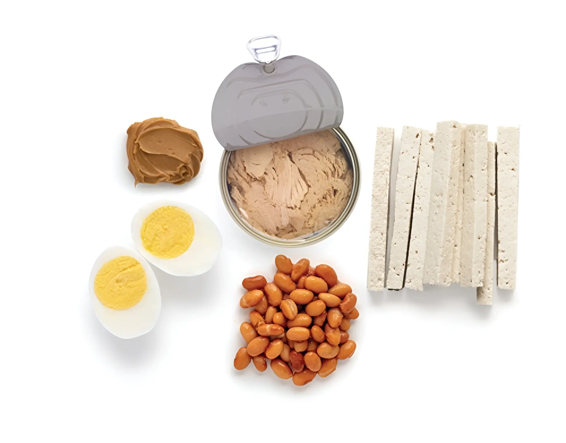 Peanut butter, eggs, tuna, beans, and tofu displayed