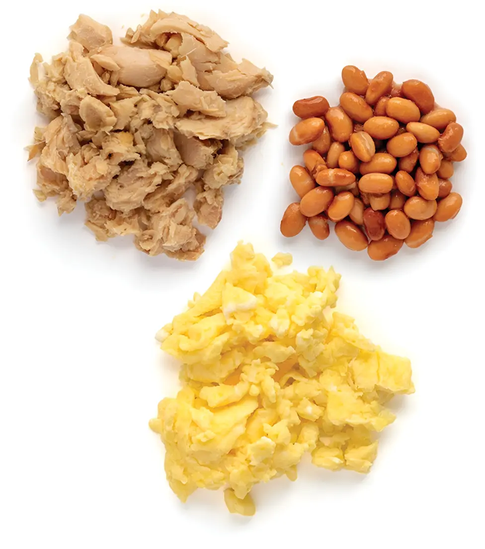 Salmon, beans, and eggs arranged separately