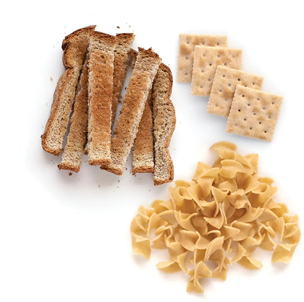 Whole grain toast, crackers, and pasta grouped together