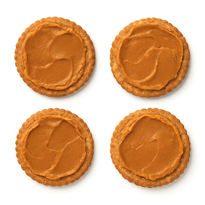 Four crackers topped with smooth peanut butter