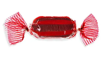 Red hard candy with clear striped wrapper