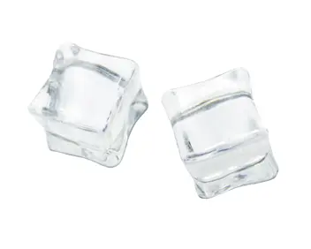 Two clear ice cubes on white background