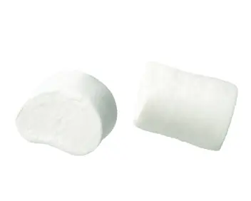 Two white marshmallows on a plain background
