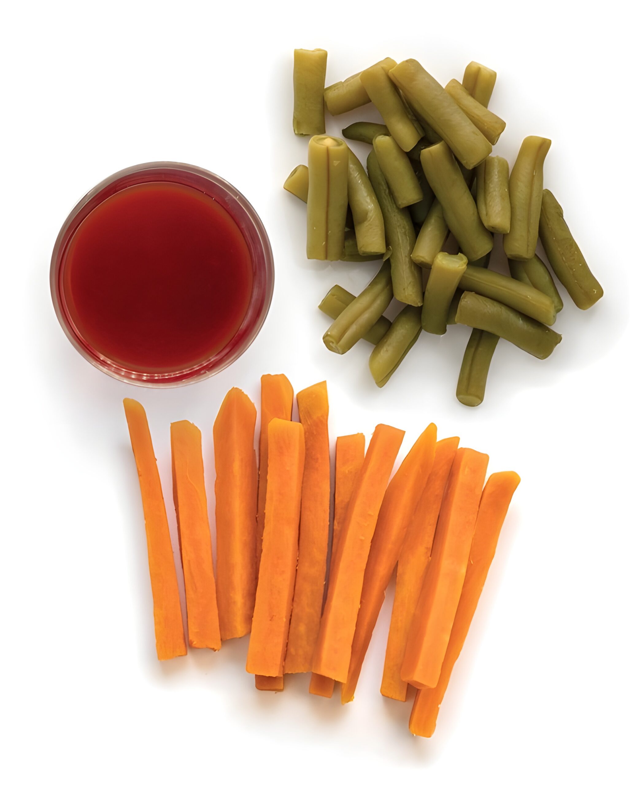 Tomato juice, green beans, and sweet potato sticks