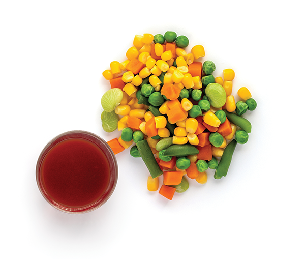 Colorful vegetables and tomato juice on white background
